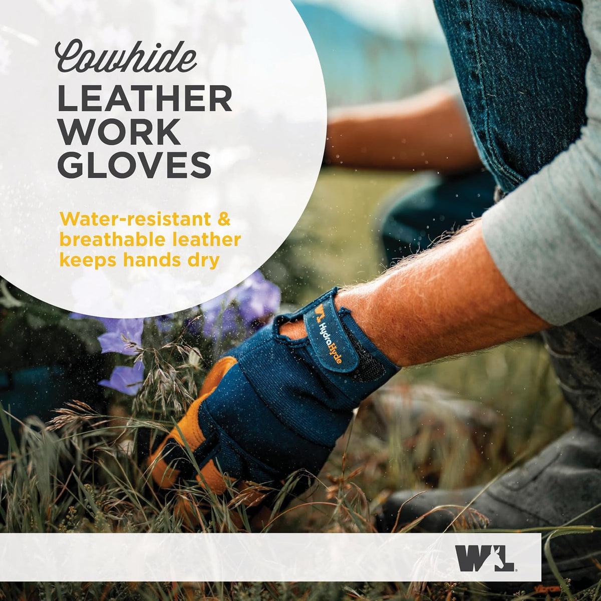 Wells Lamont Men's Leather Palm Work Gloves – HydraHyde Water-Resistant Leather, Flexible Spandex Back, Adjustable Closure