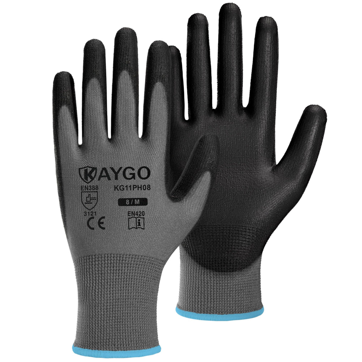 KAYGO Safety Work Gloves for Men Women, PU Coated Palm & Fingers, KG11P
