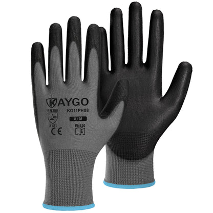 KAYGO Safety Work Gloves for Men Women, PU Coated Palm & Fingers, KG11P