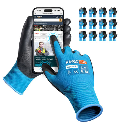 KAYGO Safety Work Gloves for Men Women, PU Coated Palm & Fingers, KG11P