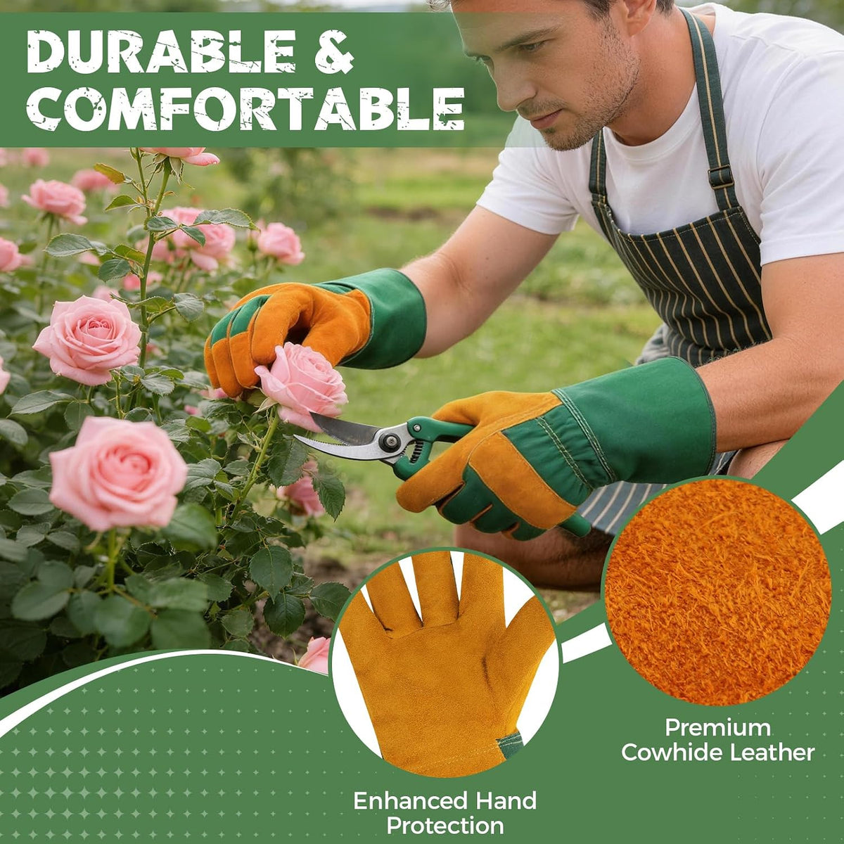 Gardening Gloves, Rose Pruning Gloves for Men & Women, Breathable Cowhide Leather Gauntlet, Best Garden Gifts & Tools for Gardener