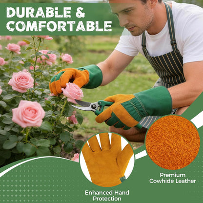 Gardening Gloves, Rose Pruning Gloves for Men & Women, Breathable Cowhide Leather Gauntlet, Best Garden Gifts & Tools for Gardener
