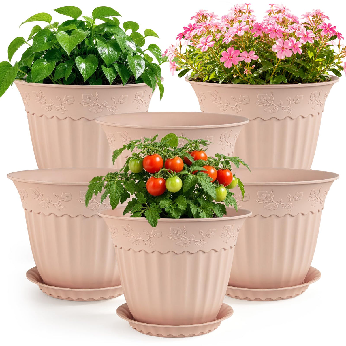 ZMTECH 6 Pack 8 Inch Plant Pots with Saucers, Ivory Cream Planters