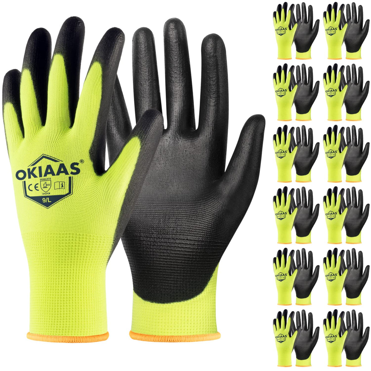 OKIAAS Men's Ultra-Thin and Lightweight Working Gloves with Grip, 12 Pairs, Black, Medium