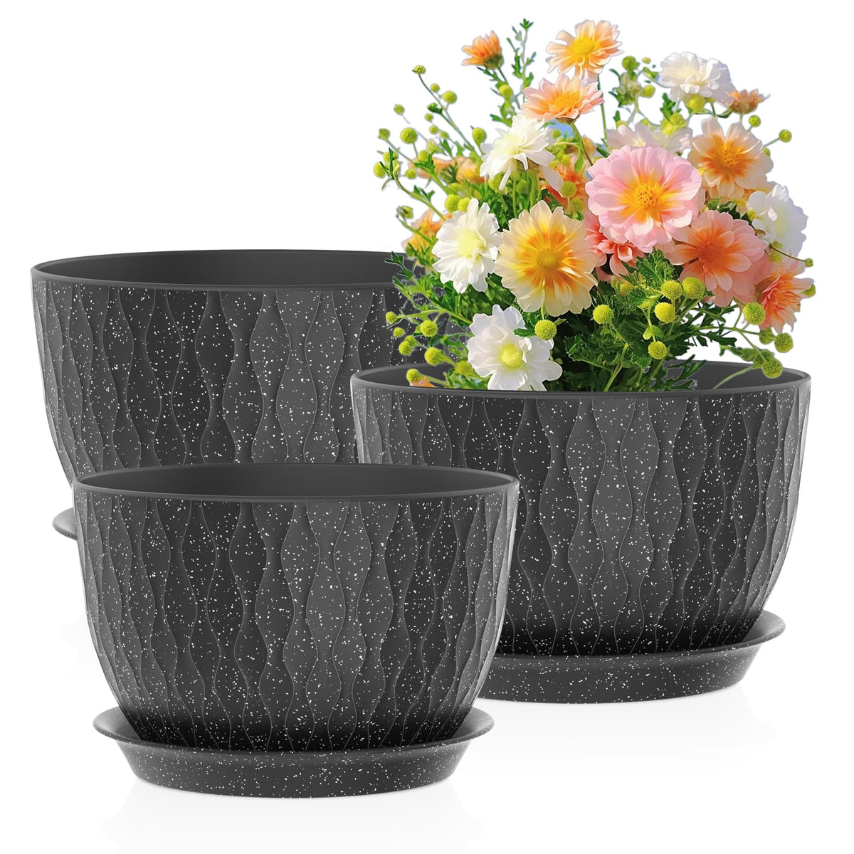 Meowell 12/10/9 inch Large Plant Pots, 3 Pack Wide Flower Pots for Outdoor Indoor Plants with Water Ripples, Big Plastic Planters with Drainage Holes and Saucers for Garden House Plants, White