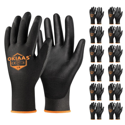 OKIAAS Men's Ultra-Thin and Lightweight Working Gloves with Grip, 12 Pairs, Black, Medium