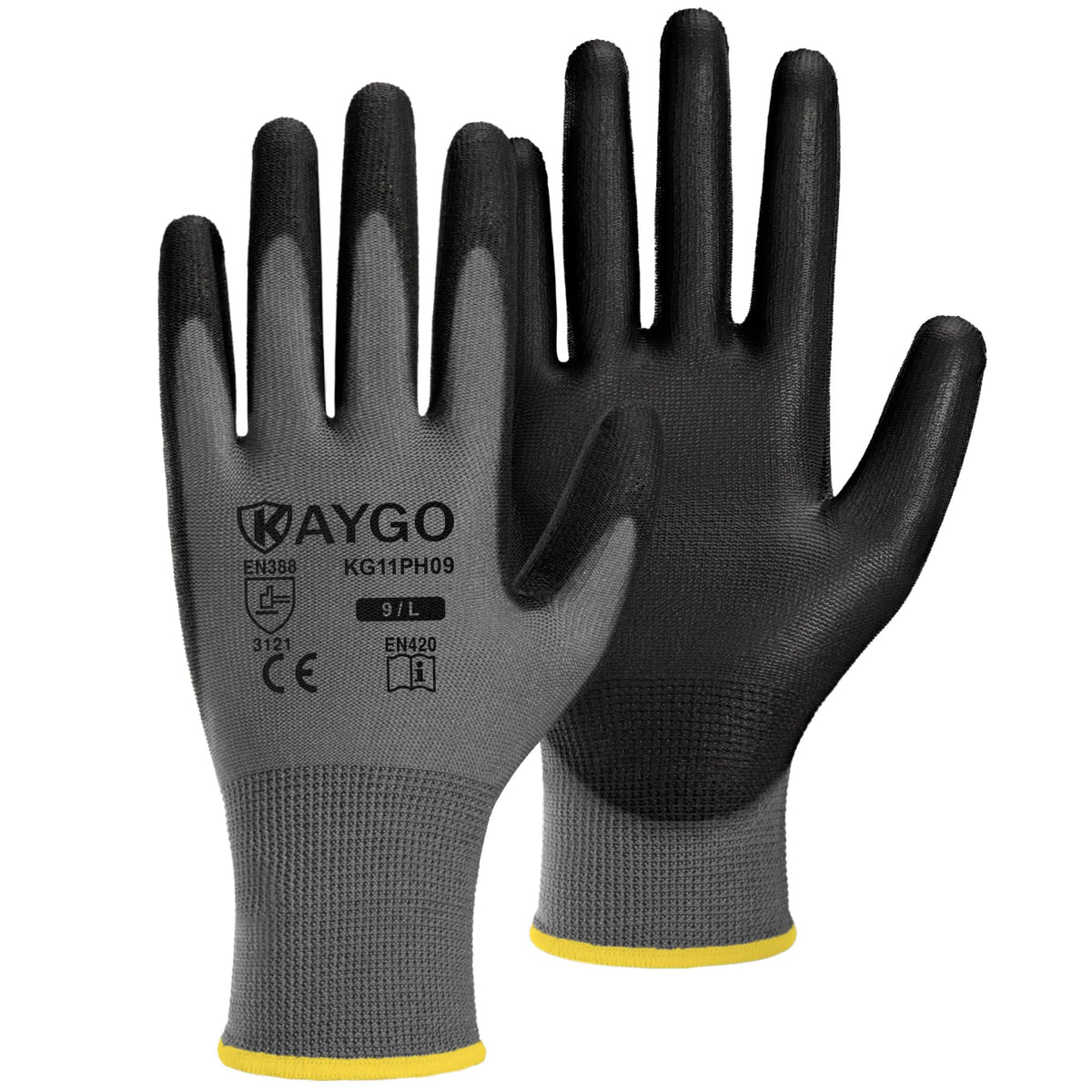 KAYGO Safety Work Gloves for Men Women, PU Coated Palm & Fingers, KG11P