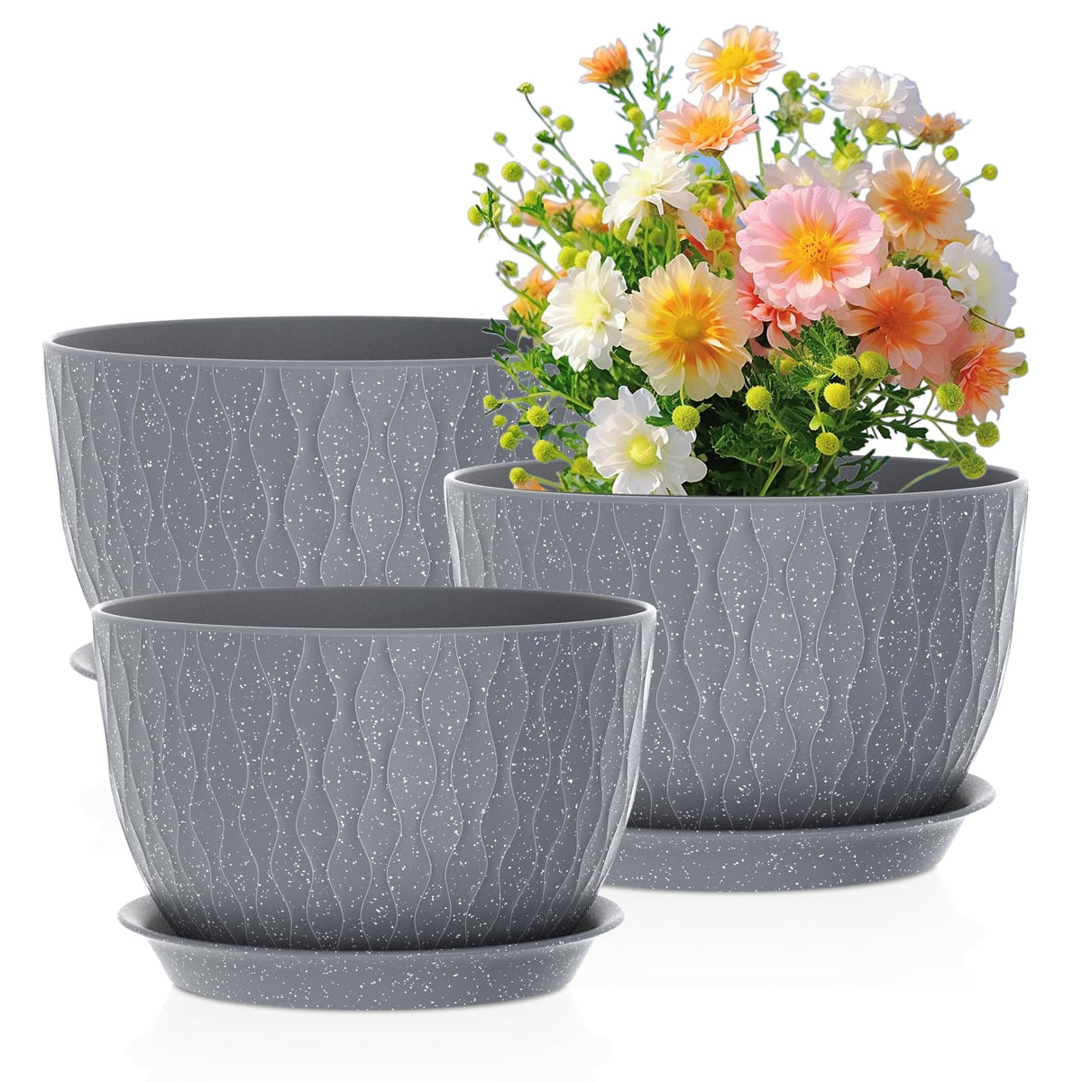 Meowell 12/10/9 inch Large Plant Pots, 3 Pack Wide Flower Pots for Outdoor Indoor Plants with Water Ripples, Big Plastic Planters with Drainage Holes and Saucers for Garden House Plants, White