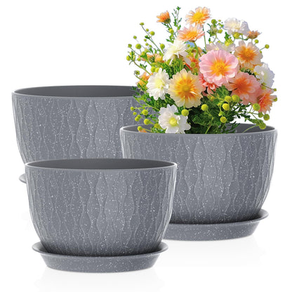 Meowell 12/10/9 inch Large Plant Pots, 3 Pack Wide Flower Pots for Outdoor Indoor Plants with Water Ripples, Big Plastic Planters with Drainage Holes and Saucers for Garden House Plants, White