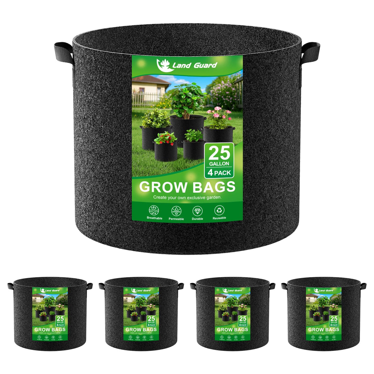 Land Guard 4-Pack Fabric Grow Bags 5 Gallon, Thickened Nonwoven Garden Pots, Growing Bags with Handles, Black