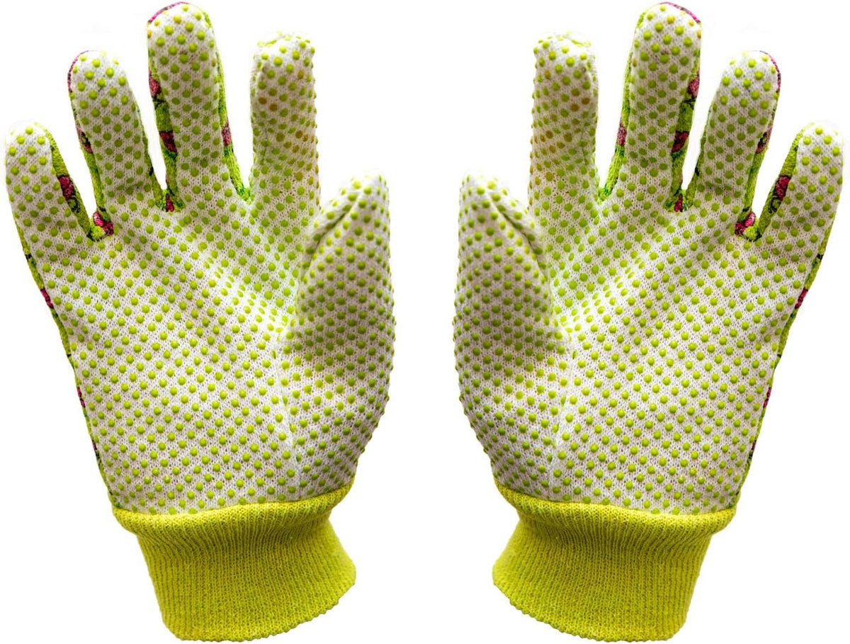 G & F Products G & F Women's Soft Cotton Jersey Gardening Gloves, Floral Print, PVC Dot Grip, Knit Wrist, Green, Red & Blue
