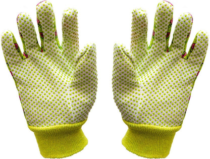 G & F Products G & F Women's Soft Cotton Jersey Gardening Gloves, Floral Print, PVC Dot Grip, Knit Wrist, Green, Red & Blue