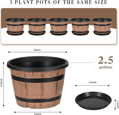 Whiskey Barrel Planters 12 Inch, 5 Pack Plastic Pots with Wood Design