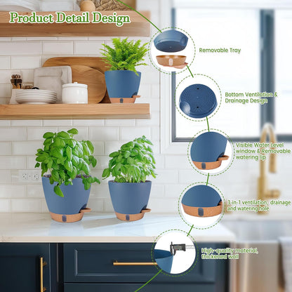 Self Watering Pots for Inoor Ourdoor Plants 8/7/6.5/6/5" Plastic Planters