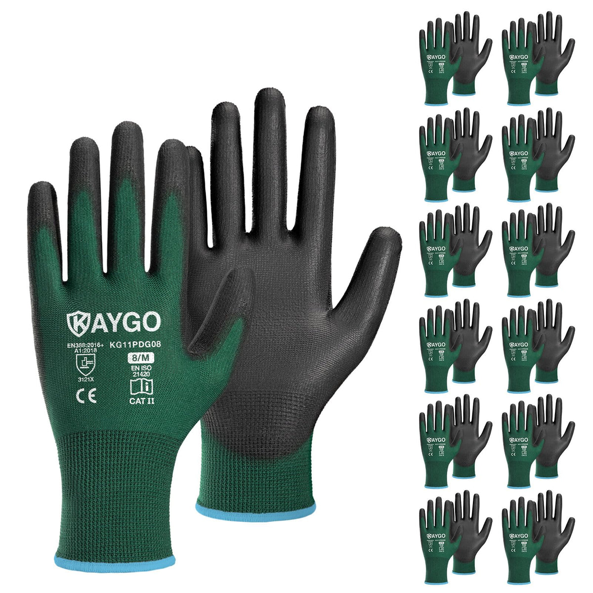 KAYGO Safety Work Gloves for Men Women, PU Coated Palm & Fingers, KG11P