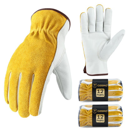 OZERO Leather Work Gloves Flex Grip Tough Cowhide Gardening Glove for Wood Cutting/Construction/Driving/Garden for Men and Women 1 Pair (Gold,Large)