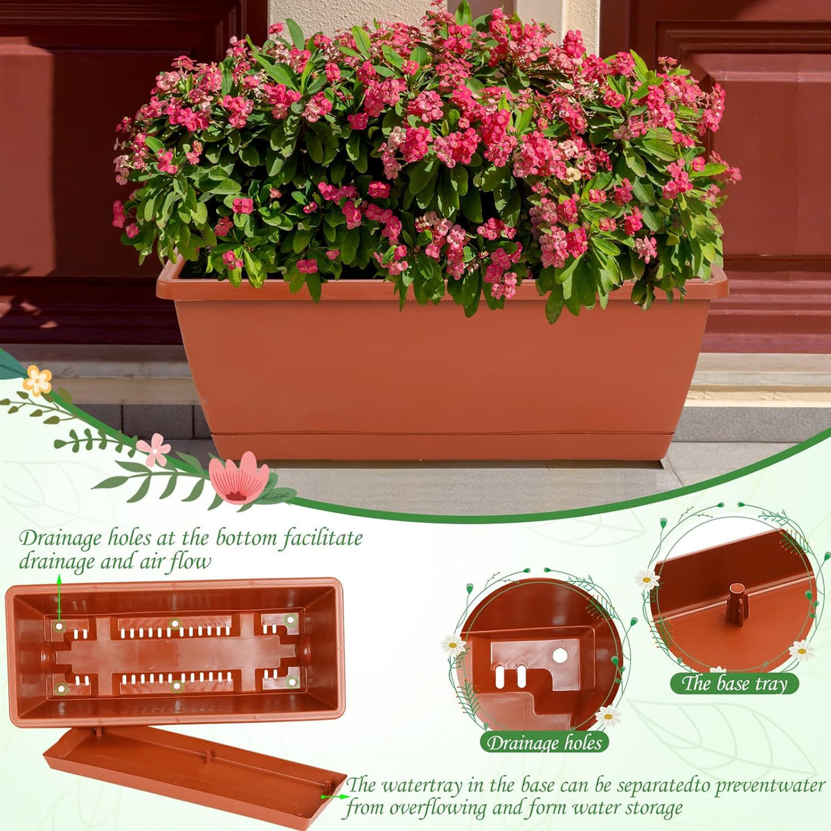 12Pcs 17Inches Rectangle Planter Box with Drainage Holes and Trays