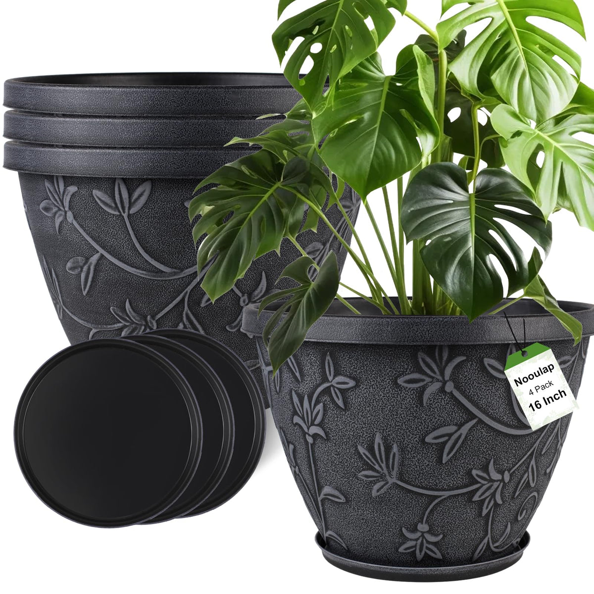 Nooulap 4 Pack 10 Inch Flower Pots, Plastic Outdoor Planters, Gray
