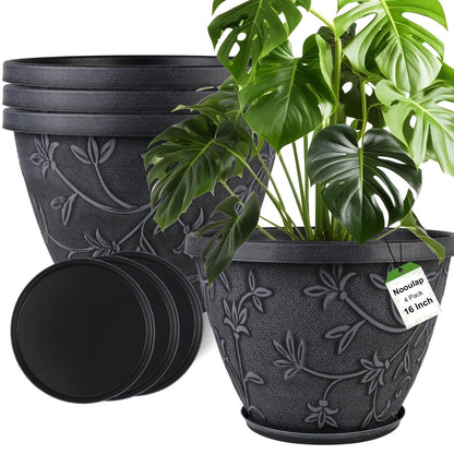 Nooulap 4 Pack 10 Inch Flower Pots, Plastic Outdoor Planters, Gray