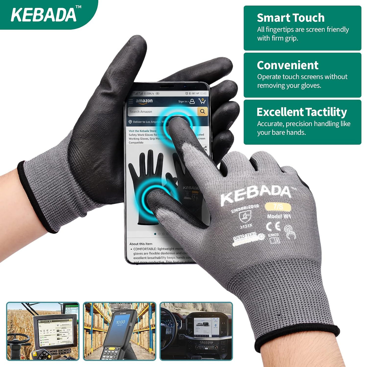 Kebada W1 Safety Work Gloves for Men & Women, Touchscreen, PU Coated