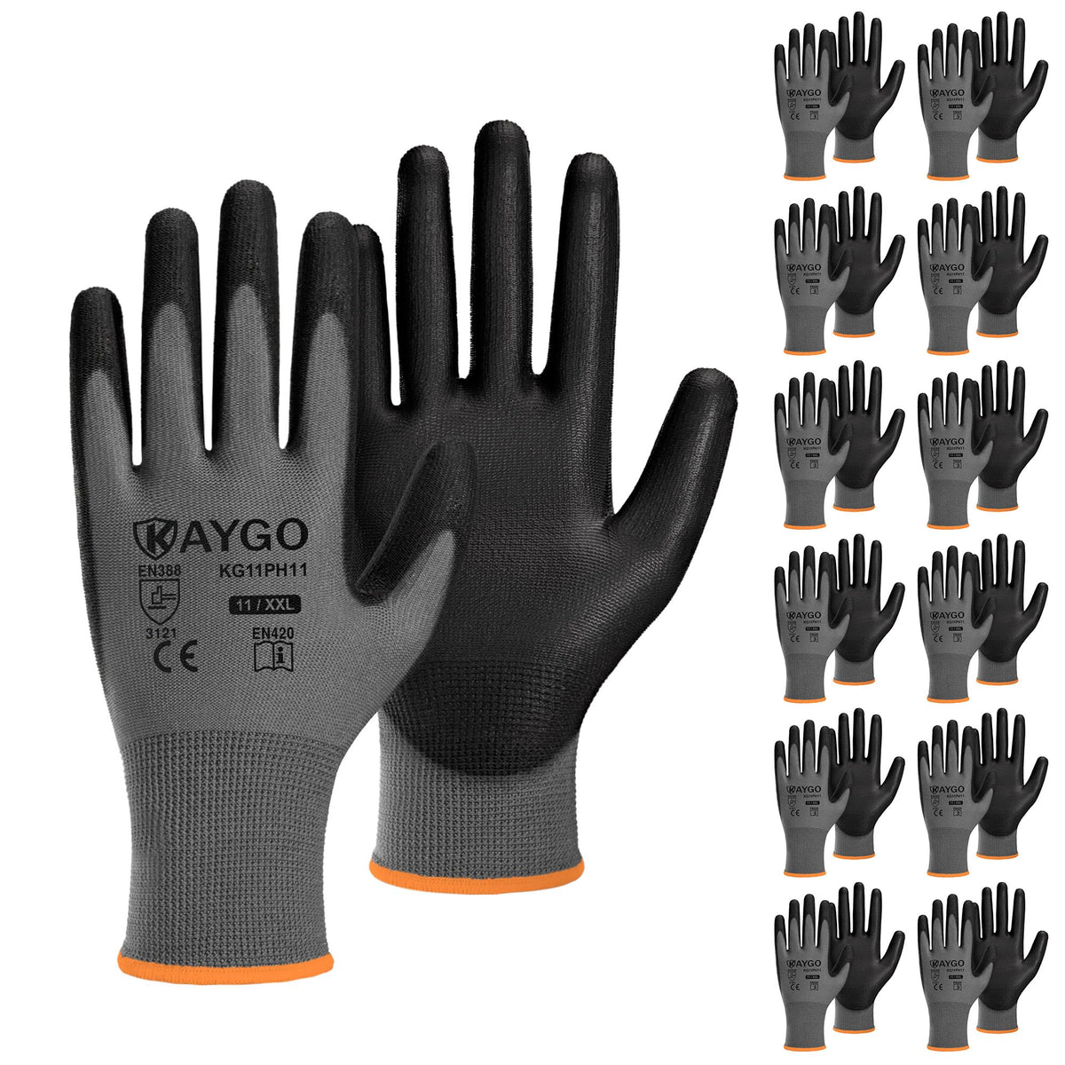KAYGO Safety Work Gloves for Men Women, PU Coated Palm & Fingers, KG11P