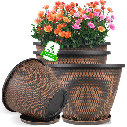 4 Pack 10 inch Plant Pot for Outdoor Indoor, Plastic Flower Pots with Trays