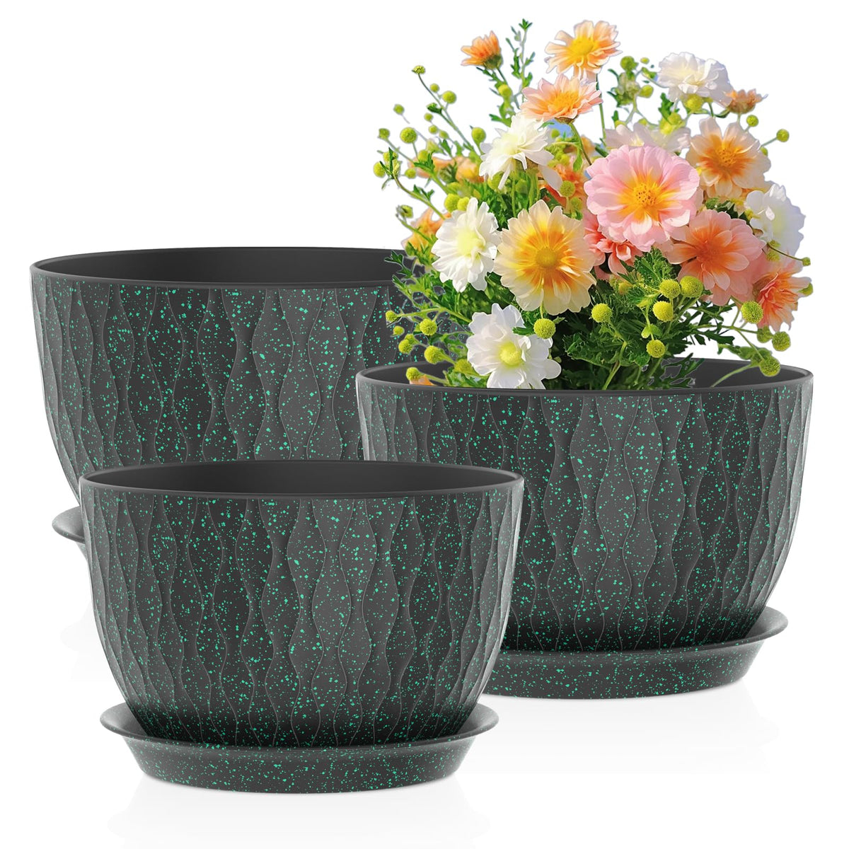 Meowell 12/10/9 inch Large Plant Pots, 3 Pack Wide Flower Pots for Outdoor Indoor Plants with Water Ripples, Big Plastic Planters with Drainage Holes and Saucers for Garden House Plants, White