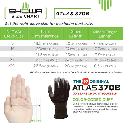 SHOWA Atlas 370 Nitrile Palm Work Gloves, Black, Medium, 12-Pack