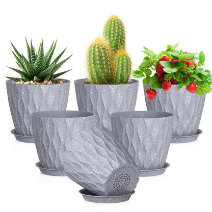 Meowell 7/6.5/6/5.5/5/4.5/4 inch Plant Pots for Indoor Outdoor Plants, 7 Pack Thick Flower Pots with Drainage Holes and Saucers, Modern Wave Texture Small Plastic Planters Nursery Pots, Multicolor