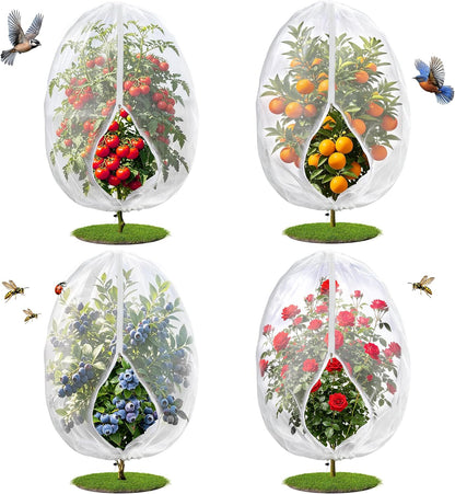 4PCS 2.7Ft × 3.3Ft Fruit Tree Netting with Zipper and Drawstring, 60 Mesh Thickened Garden Bird Netting for Blueberry Bushes, Fruits, Vegetables, Insect Bird Barrier Mesh Protective Cover