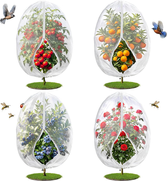 4PCS 2.7Ft × 3.3Ft Fruit Tree Netting with Zipper and Drawstring, 60 Mesh Thickened Garden Bird Netting for Blueberry Bushes, Fruits, Vegetables, Insect Bird Barrier Mesh Protective Cover