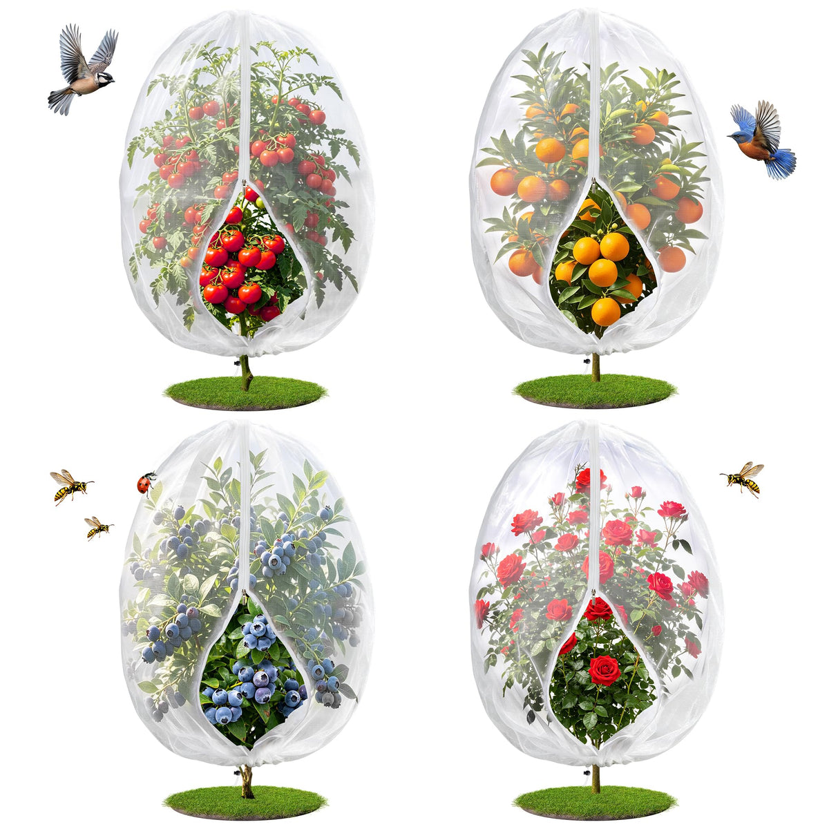 4PCS 2.7Ft × 3.3Ft Fruit Tree Netting with Zipper and Drawstring, 60 Mesh Thickened Garden Bird Netting for Blueberry Bushes, Fruits, Vegetables, Insect Bird Barrier Mesh Protective Cover