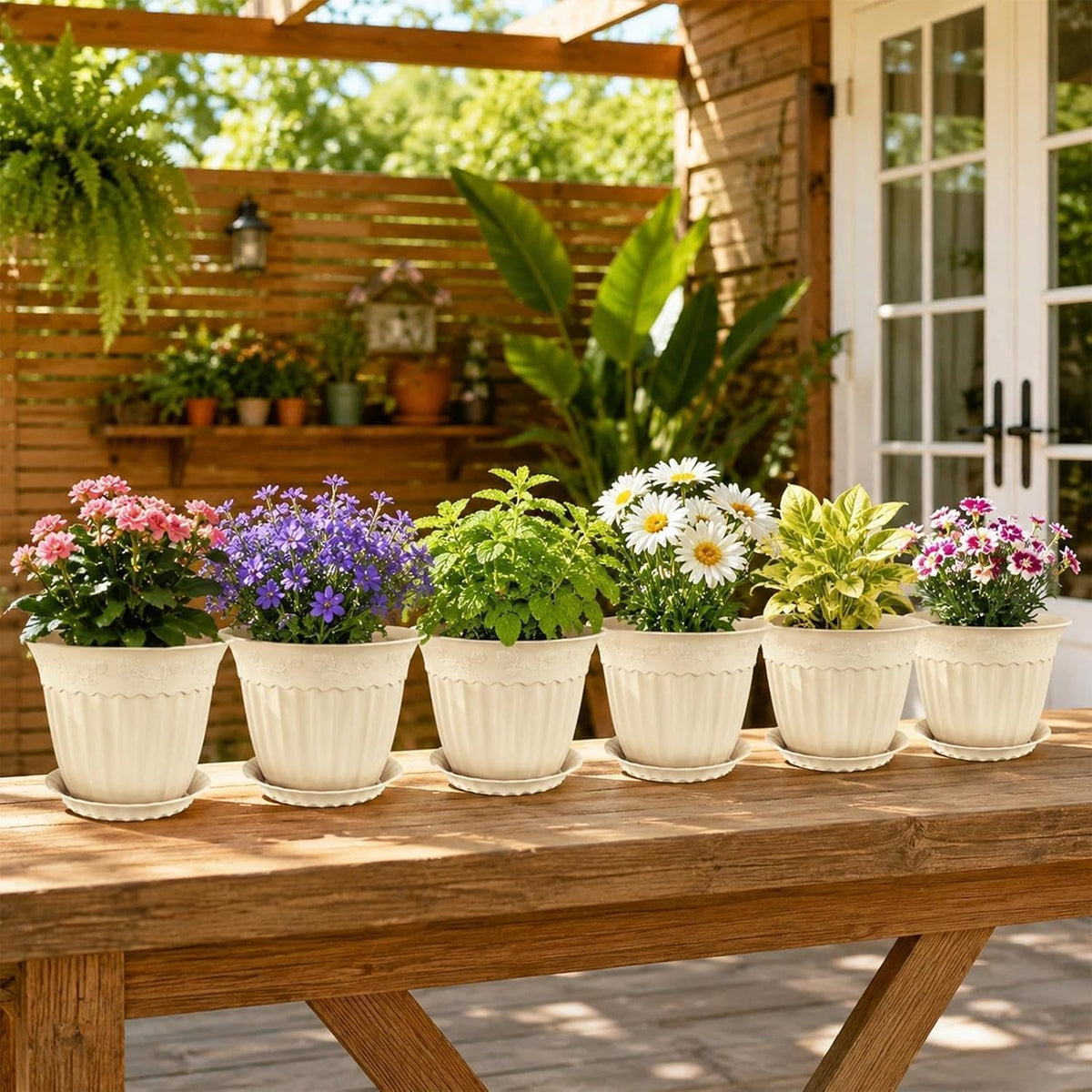 ZMTECH 6 Pack 8 Inch Plant Pots with Saucers, Ivory Cream Planters