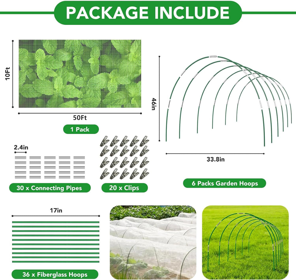 Garden Netting Kit for Raised Beds, 10x50FT Ultra Fine Mesh Netting ＆6 Sets Fiberglass Garden Hoops, Insect Netting for Garden Plant Row Cover Vegetable Flowers Protection Barrier