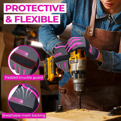 HANDLANDY Work Gloves for Women, Breathable Leather Gardening Glove for Yard Maintenance, Hand Protection with Touch Screen