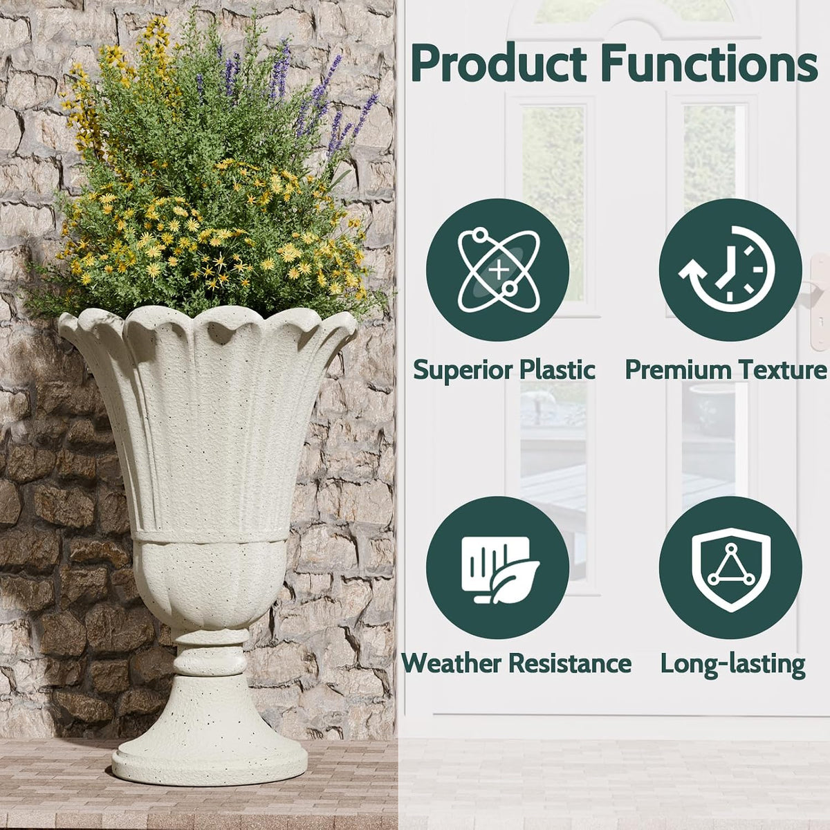 Tall Plastic Urn Planters and Pedestal - 24" Outdoor Planter Beige