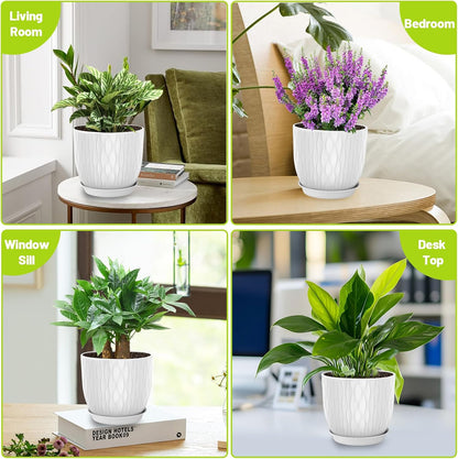 Plastic Plant Pots 10/9/8/7.5/7 inch Set of 5, Flower Planters with Drainage Holes and Saucers, Plastic Pots for Indoor Outdoor Plants, Livingroom Garden Decor (White)
