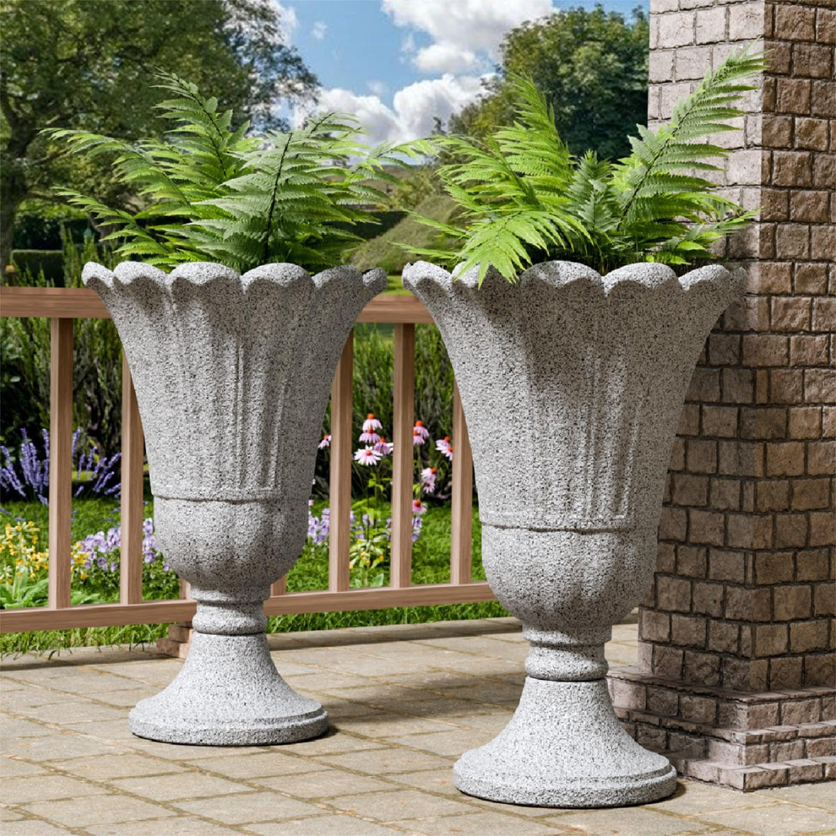 Tall Plastic Urn Planters and Pedestal - 24" Outdoor Planter Beige