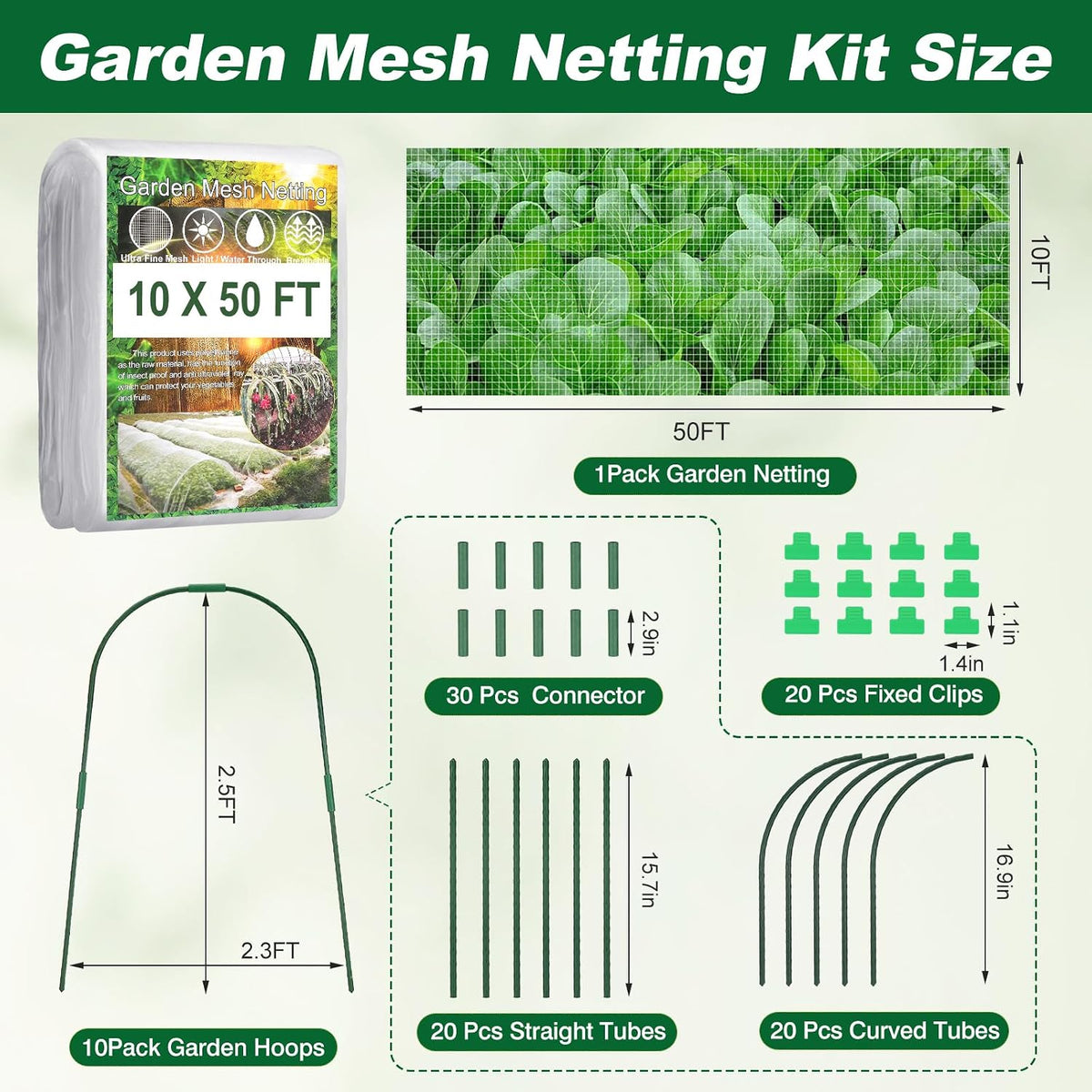 Garden Netting Kit, 10 X 50FT Garden Netting Pest Barrier with 10 Sets Garden Hoops and 20pcs Clips, Insect Netting Row Cover for Raised Beds Vegetable Fruits Flowers Protection