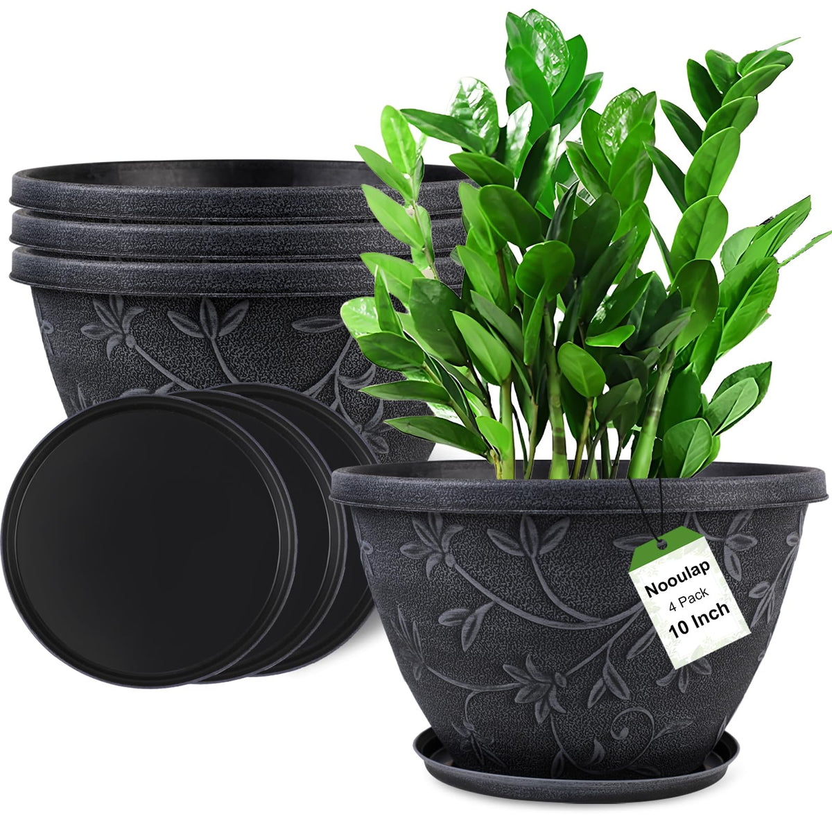 Nooulap 4 Pack 10 Inch Flower Pots, Plastic Outdoor Planters, Gray