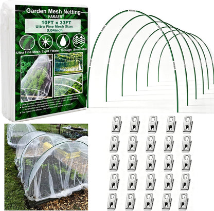 Garden Netting Kit for Raised Beds,6set Garden Hoops,10x33ft Insect Netting