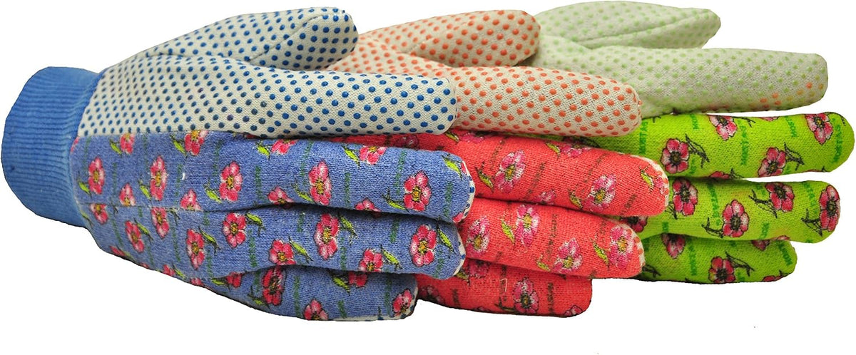 G & F Products G & F Women's Soft Cotton Jersey Gardening Gloves, Floral Print, PVC Dot Grip, Knit Wrist, Green, Red & Blue