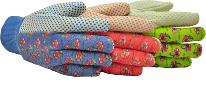 G & F Products G & F Women's Soft Cotton Jersey Gardening Gloves, Floral Print, PVC Dot Grip, Knit Wrist, Green, Red & Blue