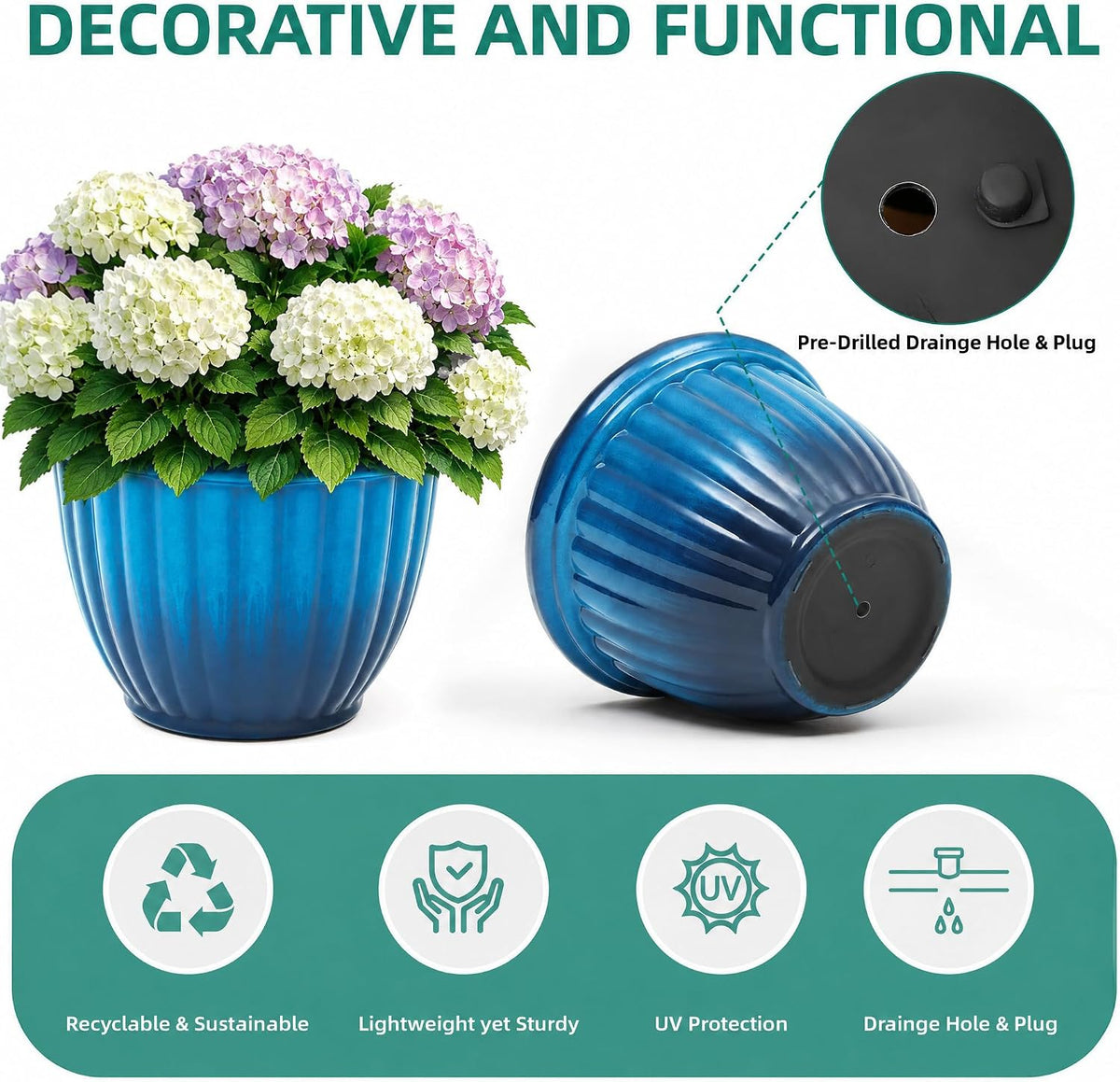 Autodaya 15" Large Planters for Outdoor Plants Set of 2 Plastic Flower Pots