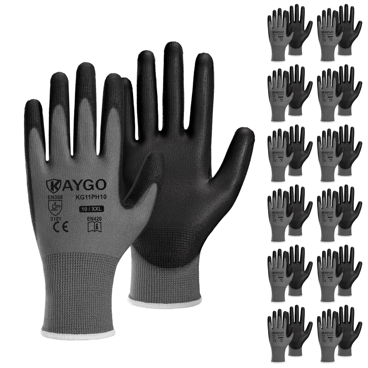 KAYGO Safety Work Gloves for Men Women, PU Coated Palm & Fingers, KG11P