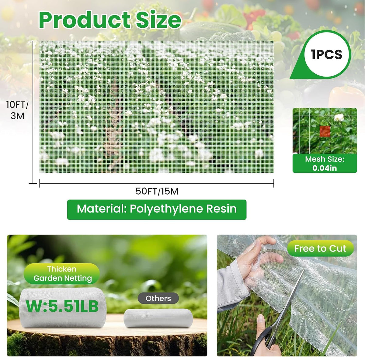 Garden Netting, 10x50Ft Thicken Ultra Fine Mesh Insect Netting, Garden Netting for Raised Beds, Greenhouse Row Cover Barrier for Birds Animals, Garden Mesh Netting for Vegetable Flowers Fruits
