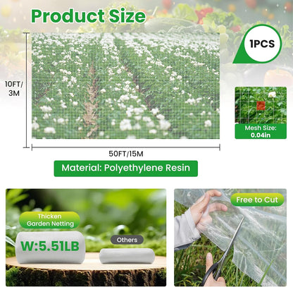 Garden Netting, 10x50Ft Thicken Ultra Fine Mesh Insect Netting, Garden Netting for Raised Beds, Greenhouse Row Cover Barrier for Birds Animals, Garden Mesh Netting for Vegetable Flowers Fruits
