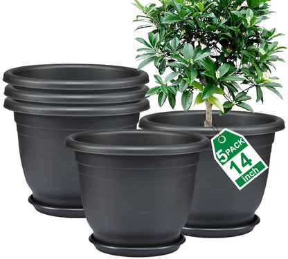 5 Packs 10 inch Flower Pots + Saucers, Large Indoor & Outdoor Pot
