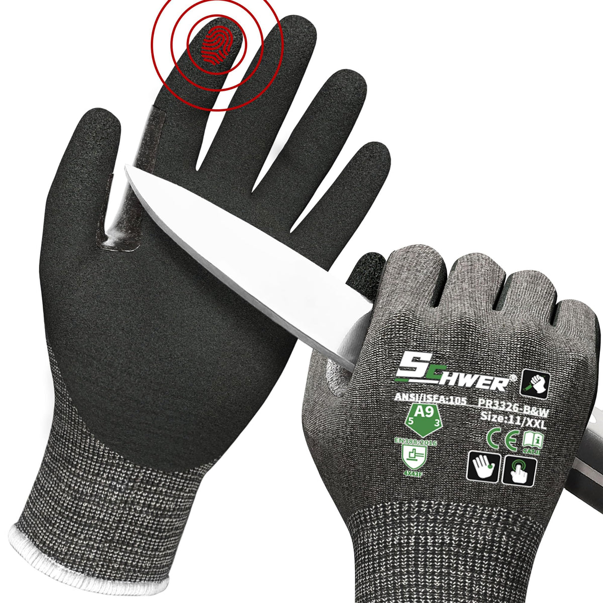 Schwer ProGuard High Level Cut Resistant Work Gloves for Extreme Protection, ANSI A9 Cut Gloves with Reinforced Thumb, Non Slip, Breathable, Durable, Touch-screen, Black 1 Pair（L 3326