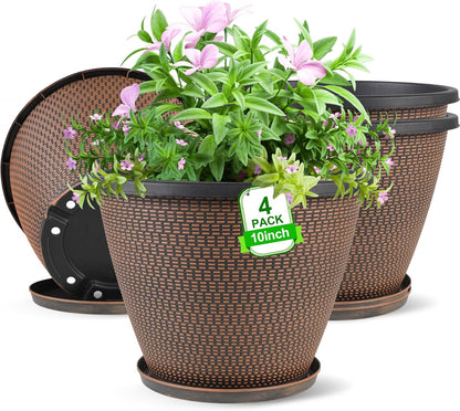 4 Pack 10 inch Plant Pot for Outdoor Indoor, Plastic Flower Pots with Trays
